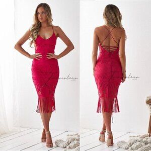 TwoSisters The Label NWT 4 Red Fringe Mini Midi Dress Sleeveless Lace Khaleesi